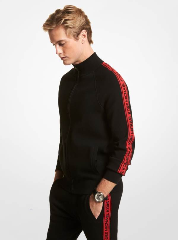 Panske Svetre Michael Kors Logo Tape Stretch Viscose Zip-Up Čierne - Oblecenie Michael Kors Lacne | KDTIW-7952